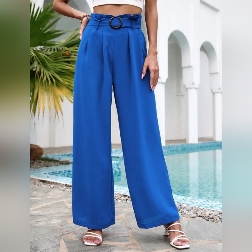 Royal Blue High-Waist Wide Leg Pants with Belt Size S: Small (Zipper, Circle)